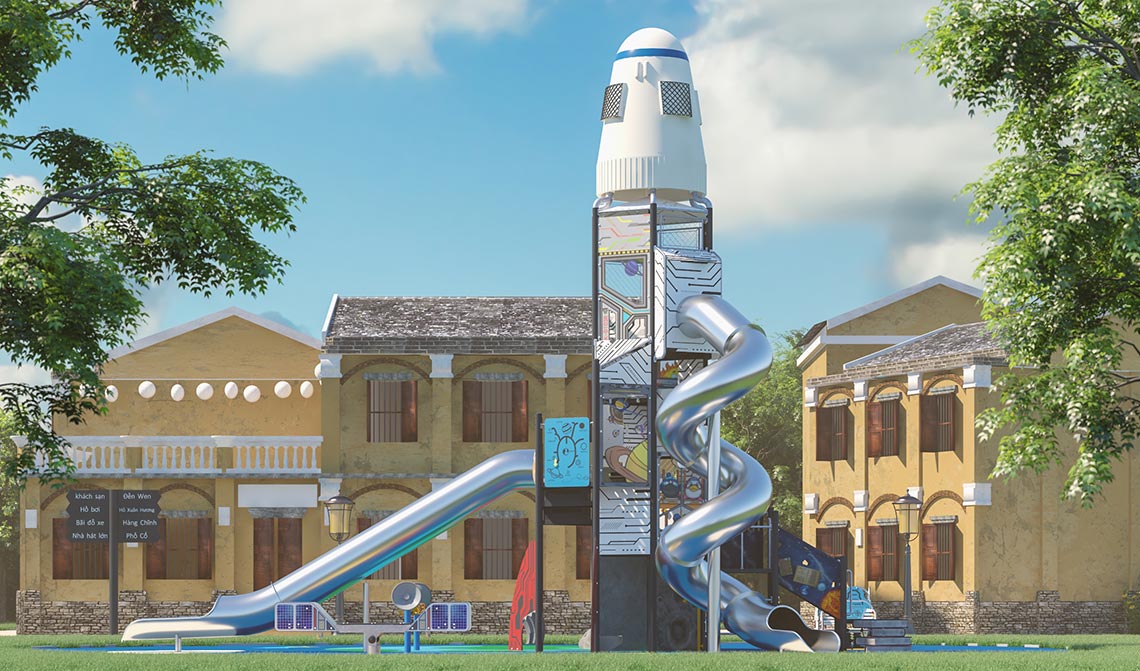 Giant Space Tower Playground With Stainless Steel Slide